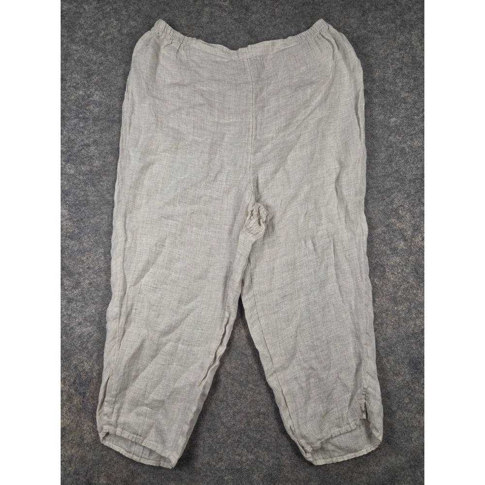 FLAX 100% Linen Pants XL Oatmeal Beige Elastic Waist Tapered Leg Lithuania *Flaw